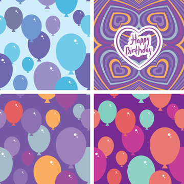 Set 3 Seamless pattern with balloons and happy birthday card. Purple, pink, blue, orange background. vector