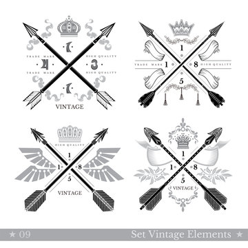 Set of cross arrows with decorative element. Hipster vintage style templates for business, labels, logos, identity, badges, apparel, shirts, and other branding objects