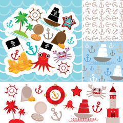 Vintage scrap nautical card and seamless pattern with sea animals, boats pirates. cute sea objects collection. Vector