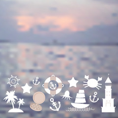 Set sea icons on seascape background. Vector