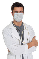 Young doctor in medical mask isolated on white