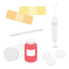Medical Appliance Hospital Plaster Bandage Syringe Thermometer Cotton Wool Cartoon Vector
