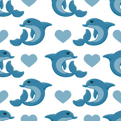 Seamless romantic pattern with dolphin and heart vector background. Perfect for wallpapers, pattern fills, web page backgrounds, surface textures, textile