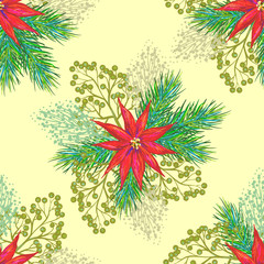 Seamless pattern with Christmas poinsettia and fir twig vector background. Perfect for wallpapers, pattern fills, web page backgrounds, surface textures, textile