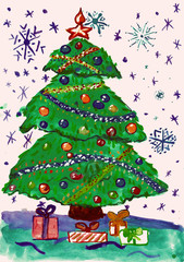 christmas fir tree with snow, watercolor painting on paper