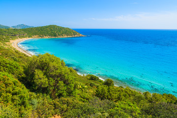 View of beautiful beach and bay on coast of Sardinia island bear Porto Sa Ruxi, Sardinia island, Italy