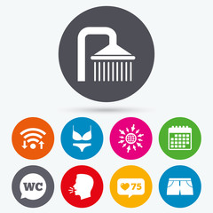 Swimming pool icons. Shower and swimwear signs.