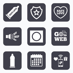 Safe sex love icons. Condom in package symbols.
