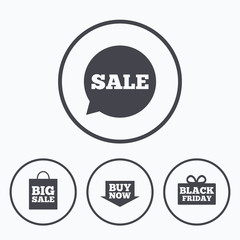 Sale speech bubble icons. Buy now arrow symbol