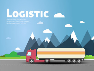 Design for banner, truck. Color flat icons. Dump truck, tank, gasoline, truck, container, delivery, city, logistics. Vector illustration