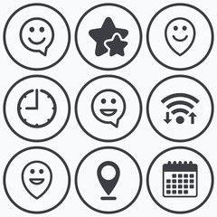 Happy face speech bubble icons. Pointer symbol.