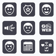 Human smile face icons. Happy, sad, cry.