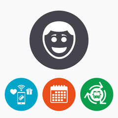 Smile face icon. Smiley with hairstyle symbol.