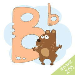 Hand drawn letter B and funny cute bear. Children's alphabet in cartoon style, vector illustration.