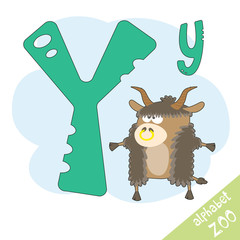 Hand drawn letter Y and funny cute yak. Children's alphabet in cartoon style, vector illustration.