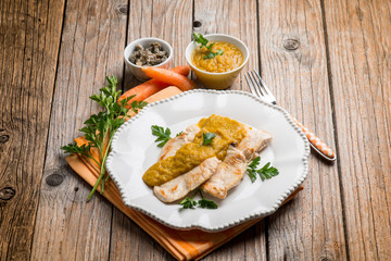 chicken fillet with carrot and capers cream sauce