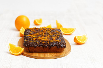 Chocolate and orange cake with orange peel