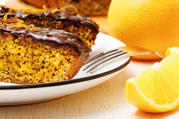 Closeup chocolate and orange cake