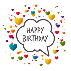 Vector Illustration of a Happy Birthday Greeting Card with Colorful Hearts