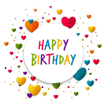 Vector Illustration of a Happy Birthday Greeting Card with Colorful Hearts