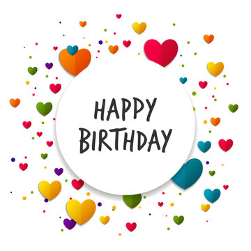 Vector Illustration of a Happy Birthday Greeting Card with Colorful Hearts