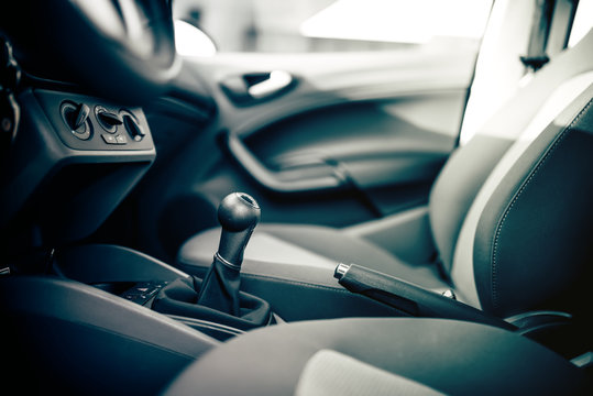 modern car interior, handbrake and gear shift. Car interior design