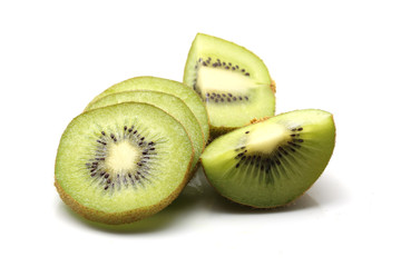 Kiwi fruit and kiwi sliced segments on white background