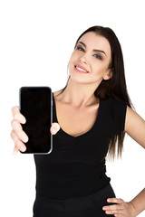 Young Happy Woman with E-commerce showing cell phone