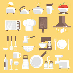 Vector illustration of kitchen tools, ware and utensils.  