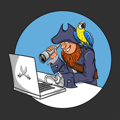 Vector illustration of pirate sitting in front of the computer 