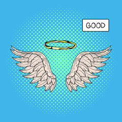 Obraz premium Vector hand drawn pop art illustration of angel wings and nimbus