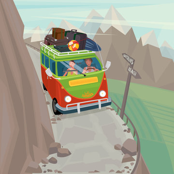 Young couple on funny hippie bus rides very carefully along a narrow mountain serpentine - Exotic holidays or Dangerous journey concept