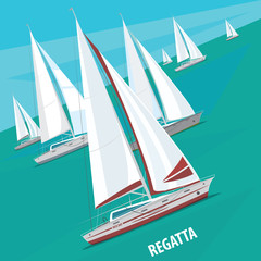 Large number of sailing boats floating right. Side view. Signature Regatta - Race sailing yachts or Parade of ships concept