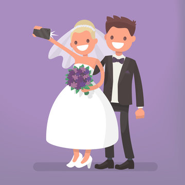 The bride and groom make selfie. Photo of happy newlyweds