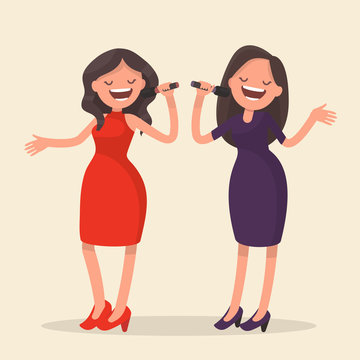 Two girls singing. Karaoke. Vector illustration