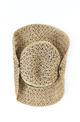 Closeup of hat made of rattan isolated on white background.