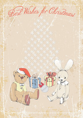 rabbit, Teddy bear,Christmas gifts, stylized Christmas tree on grunge background with space for text