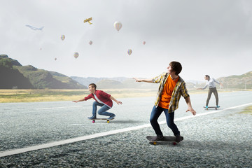 Young people riding skateboard