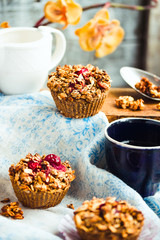 vegan oat muffins with cherries and granola, healthy dessert