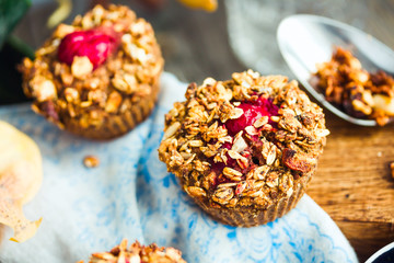 vegan oat muffins with cherries and granola, healthy dessert