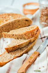 homemade rye bread unleavened with seeds, selective focus, close