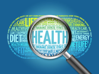 HEALTH word cloud with magnifying glass, health concept