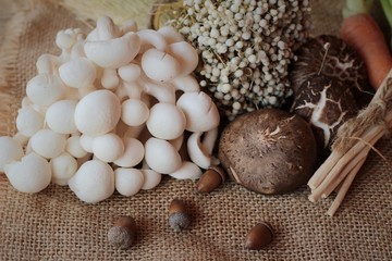 Mushrooms and vegetables on wood background.