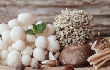 Mushrooms and vegetables on wood background.