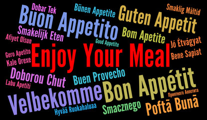 Enjoy your meal in different languages word cloud  - obrazy, fototapety, plakaty