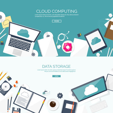 Vector illustration. Workplace, table with documents, computer. Flat cloud computing background. Media, data server. Web storage.CD. Paper blank. Digital technologies. Internet connection.