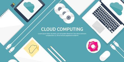 Vector illustration. Workplace, table with documents, computer. Flat cloud computing background. Media, data server. Web storage.CD. Paper blank. Digital technologies. Internet connection.