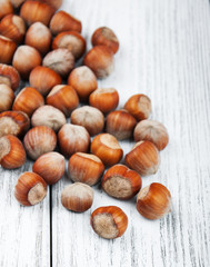hazelnuts on a wooden table