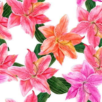 Seamless background floral pattern with watercolor lily drawings