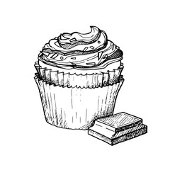 Hand drawn vector illustration - Sweet cupcake with cream and ch